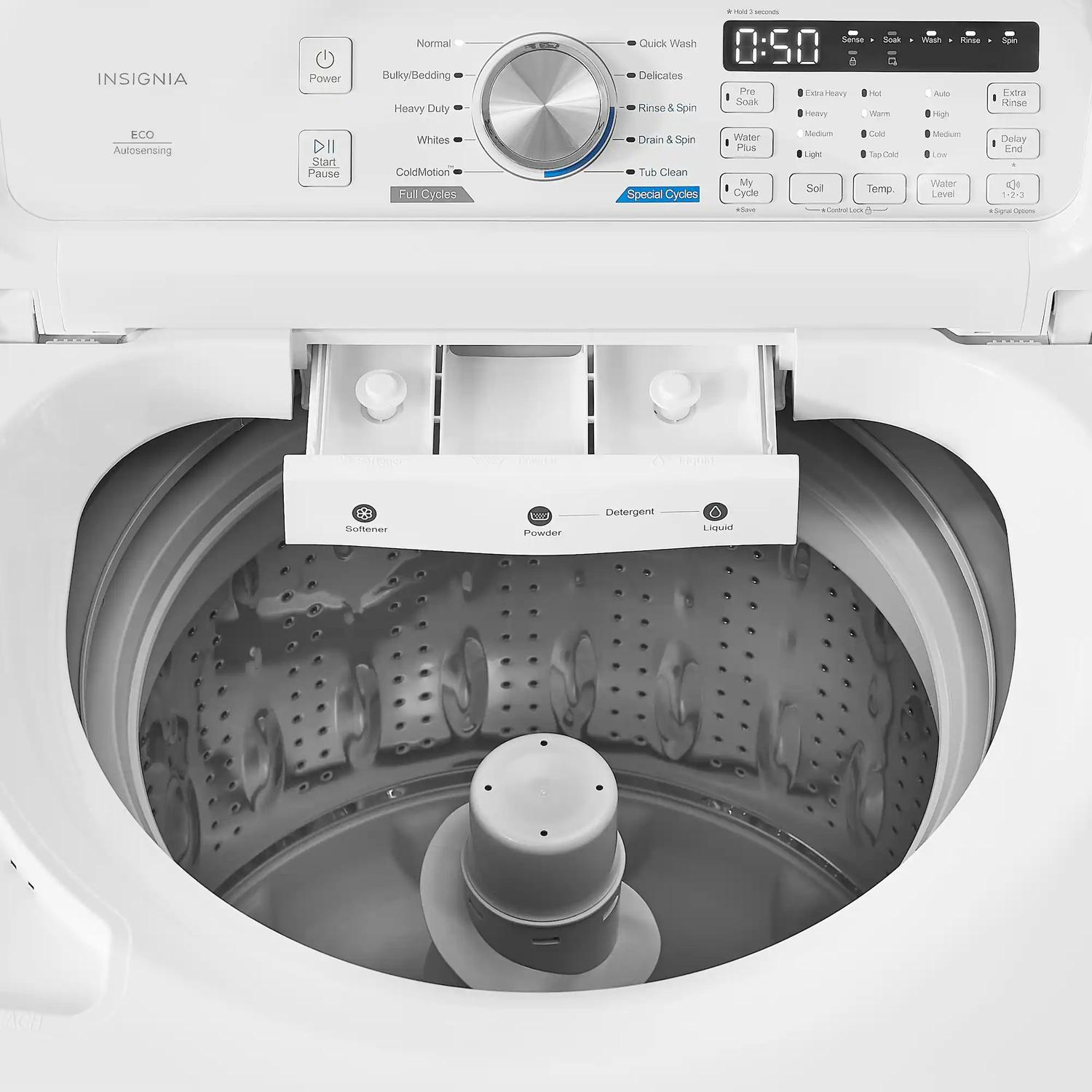 Package - Insignia™ - 4.1 Cu. Ft. Top Load Washer with ColdMotion Technology and 7 Cu. Ft. Electric Dryer with Sensor Dry - White