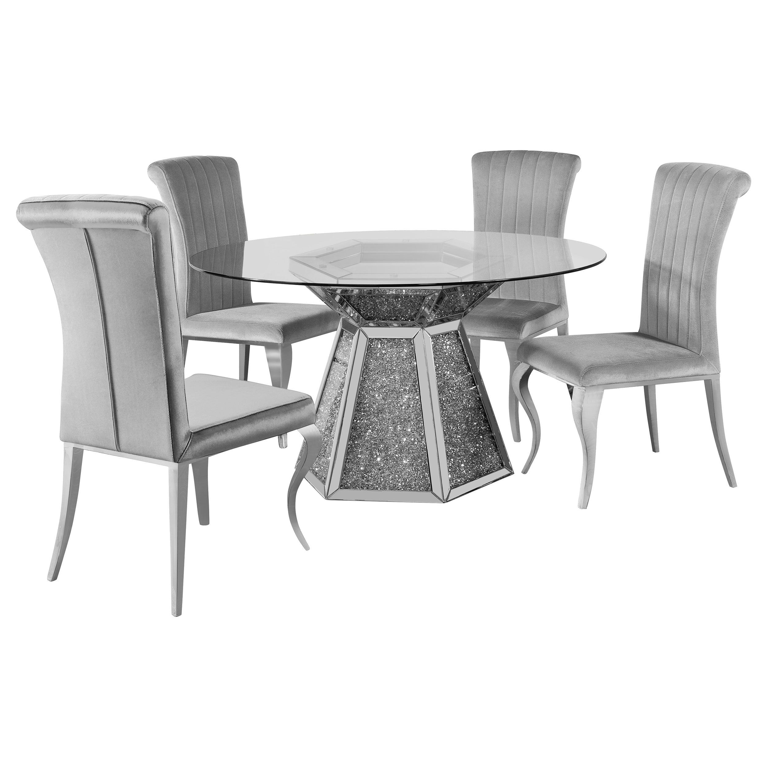 Quinn 5-piece Round Glass Top Mirrored Dining Set