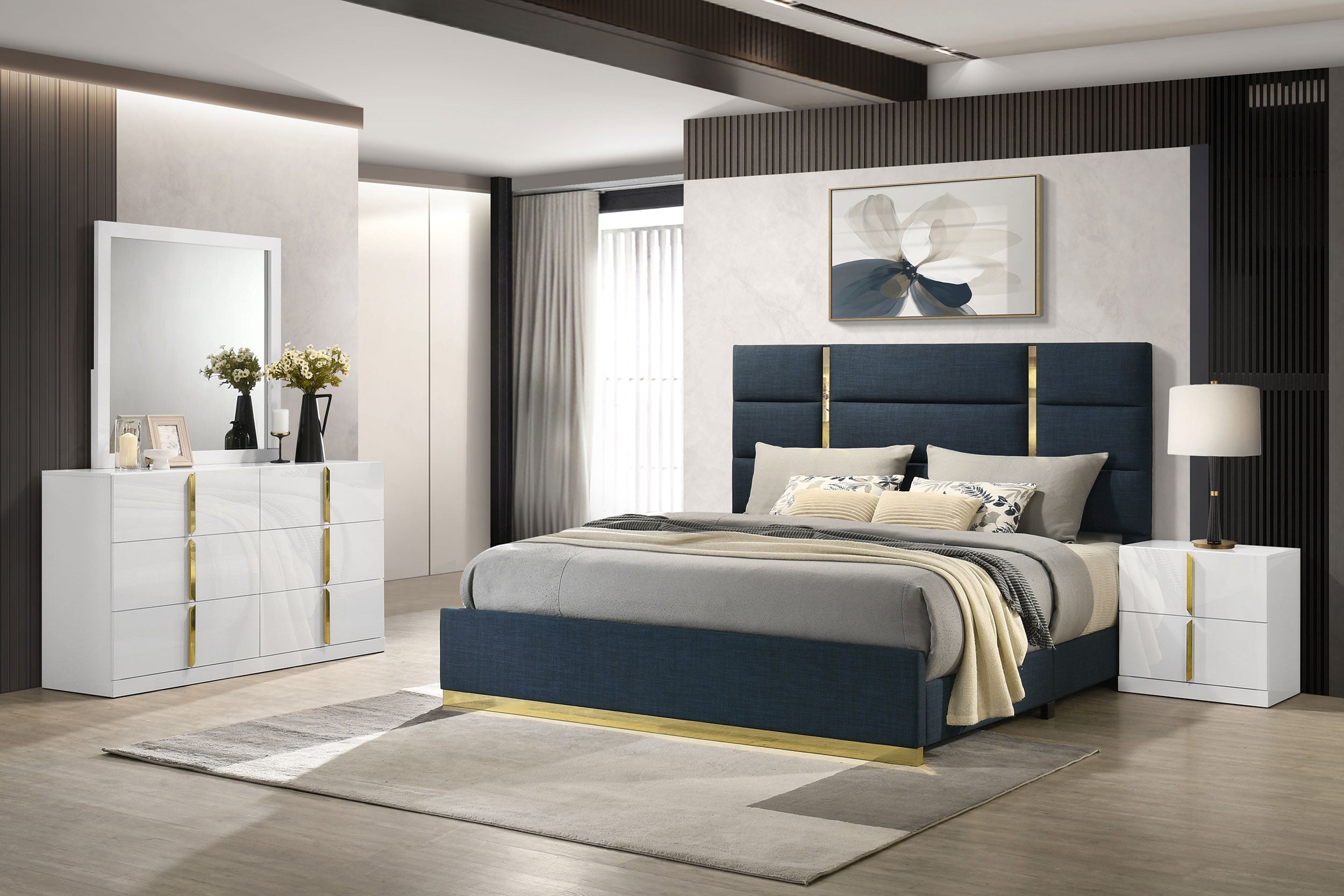 Ines Bedroom Set Grey/Navy and White High Gloss