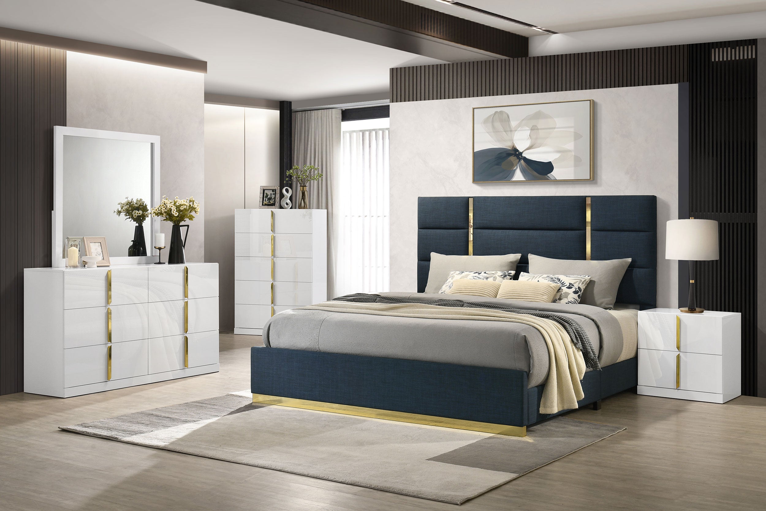 Ines Bedroom Set Grey/Navy and White High Gloss