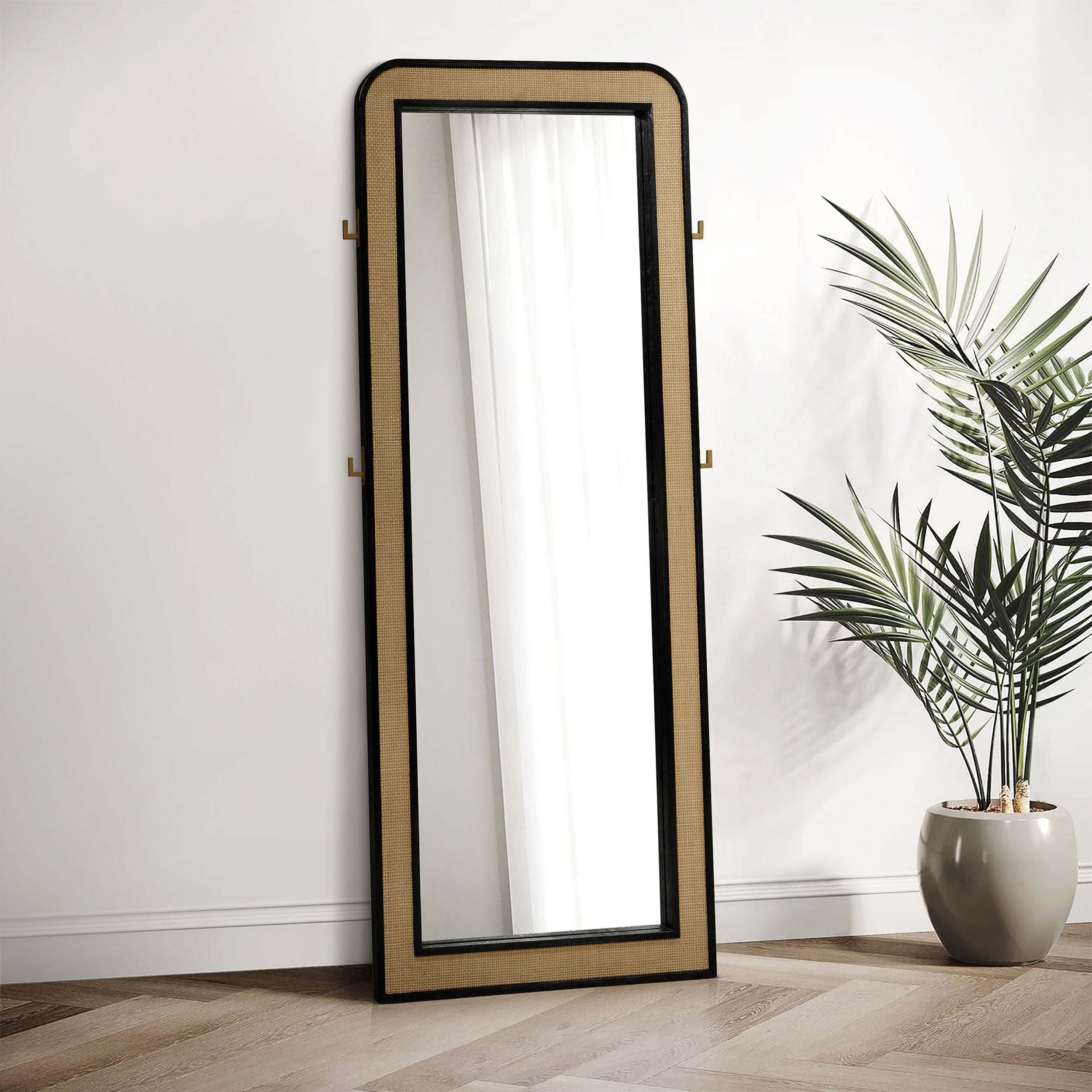 Arini Cane Weave Length Standing Floor Mirror Black