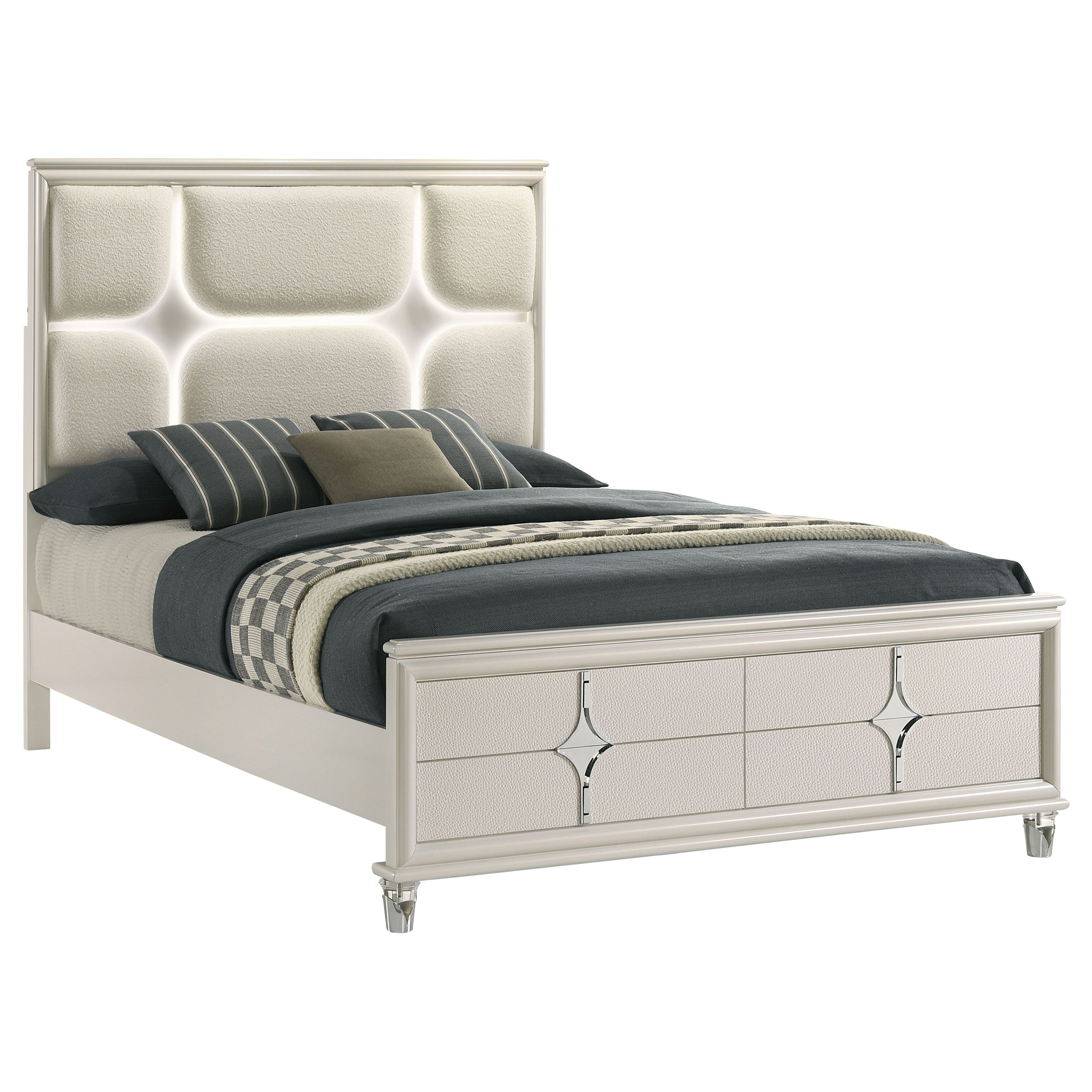 Olivia California King Panel Bed LED Headboard Pearl White