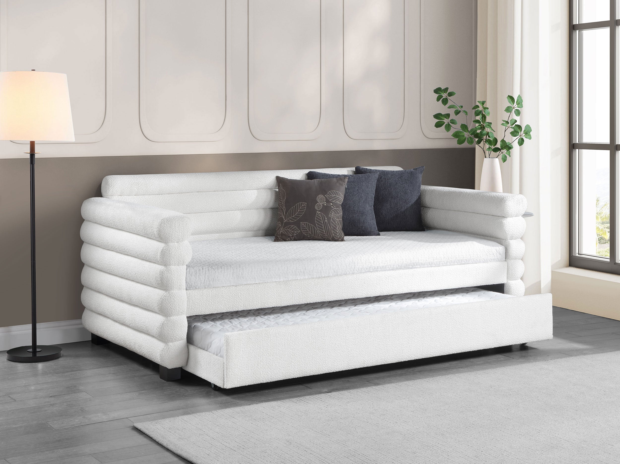 Patricia Boucle Upholstered Day Bed with Trundle Grey