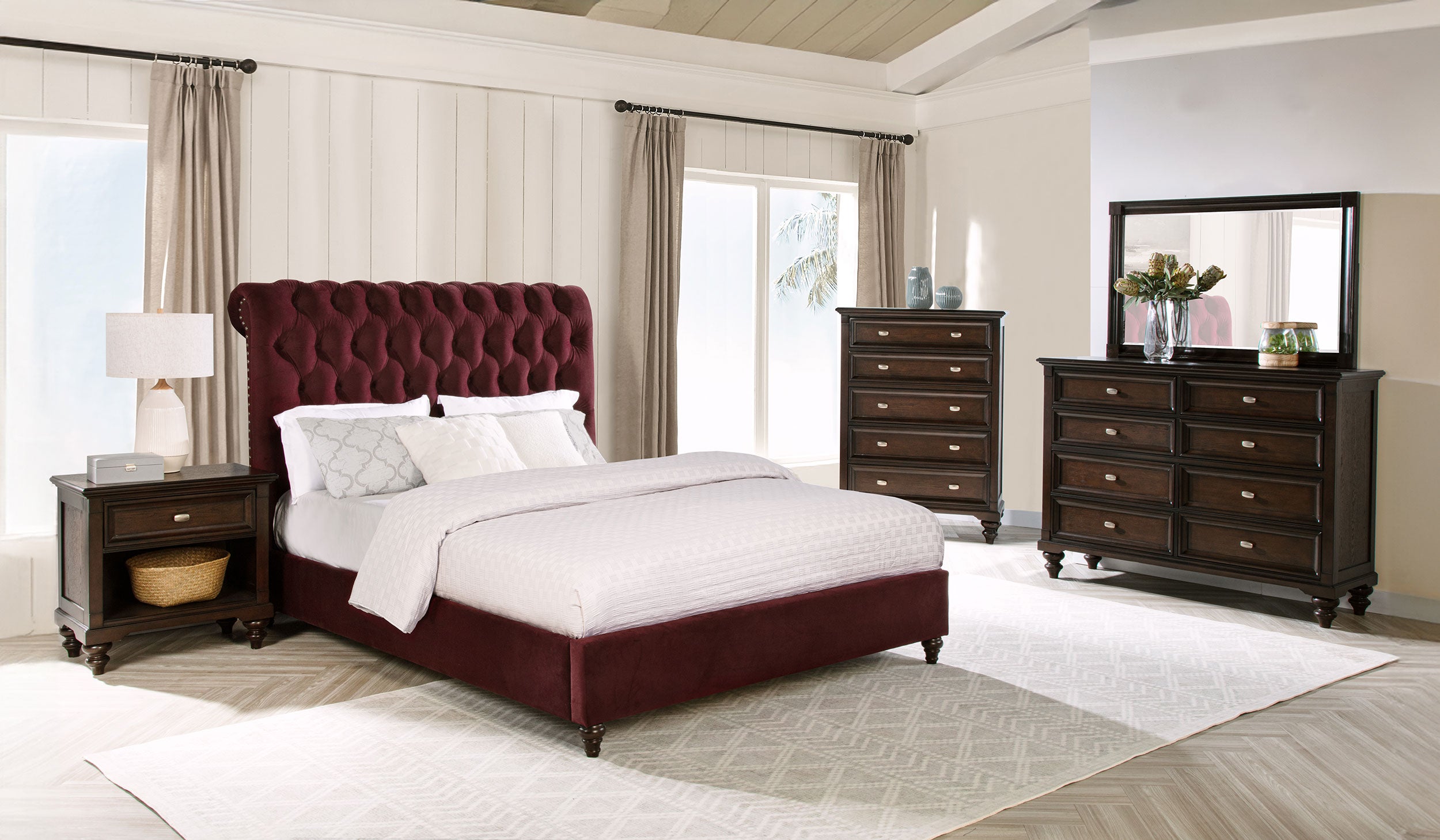 Devon Bedroom Set Wine Red and Dark Oak