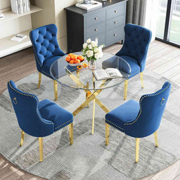 36" Round Glass Dining Set, Modern Velvet Upholstered Chairs with Cross Stainless Steel Base (Blue)