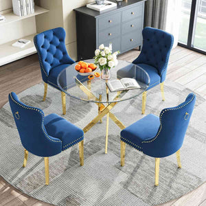 36" Round Glass Dining Set, Modern Velvet Upholstered Chairs with Cross Stainless Steel Base (Blue)