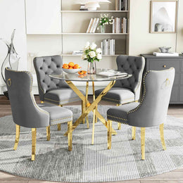 36" Round Glass Dining Set, Modern Velvet Upholstered Chairs with Cross Stainless Steel Base (Gray)