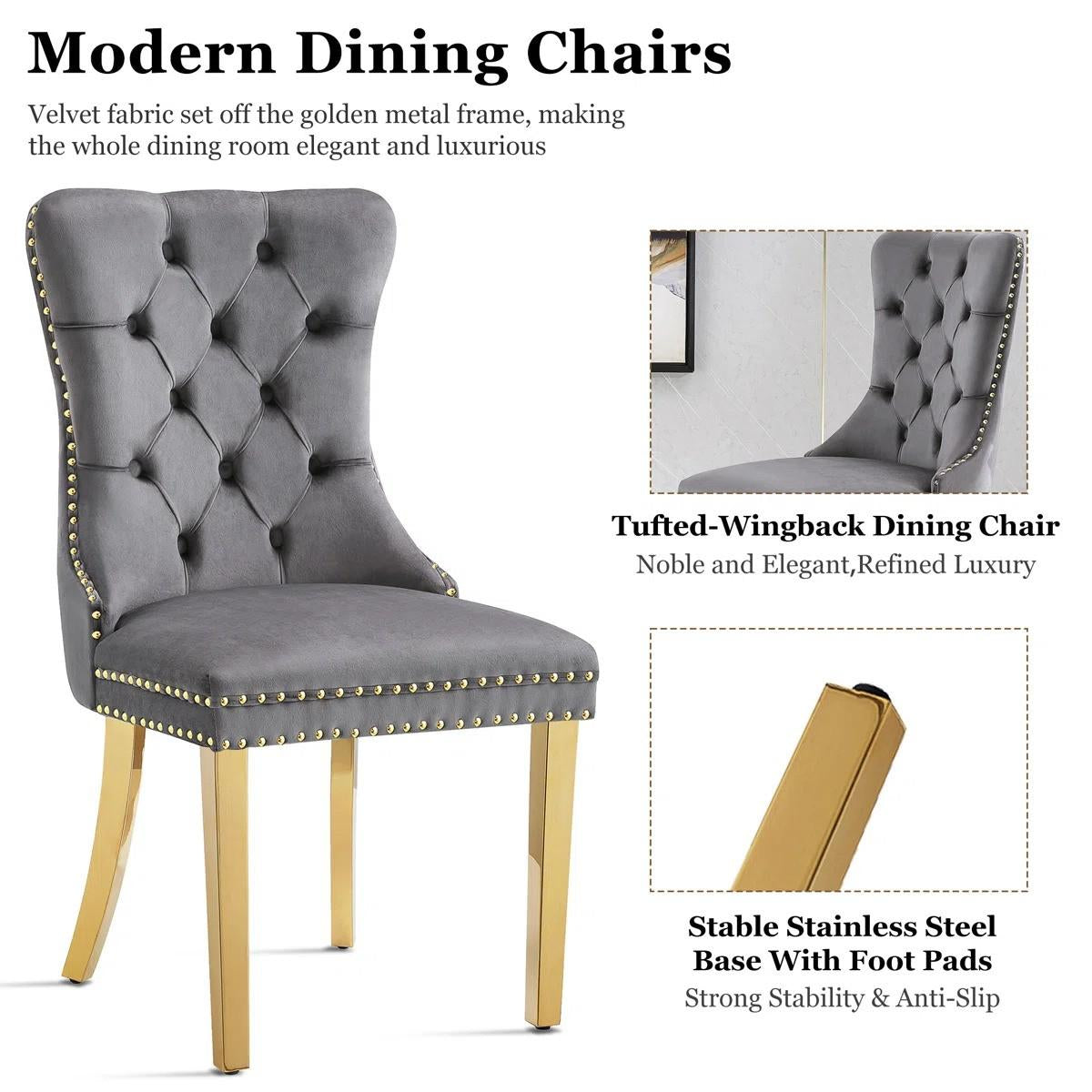 36" Round Glass Dining Set, Modern Velvet Upholstered Chairs with Cross Stainless Steel Base (Gray)