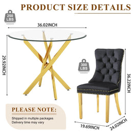36" Round Glass Dining Set, Modern Velvet Upholstered Chairs with Cross Stainless Steel Base (Black)