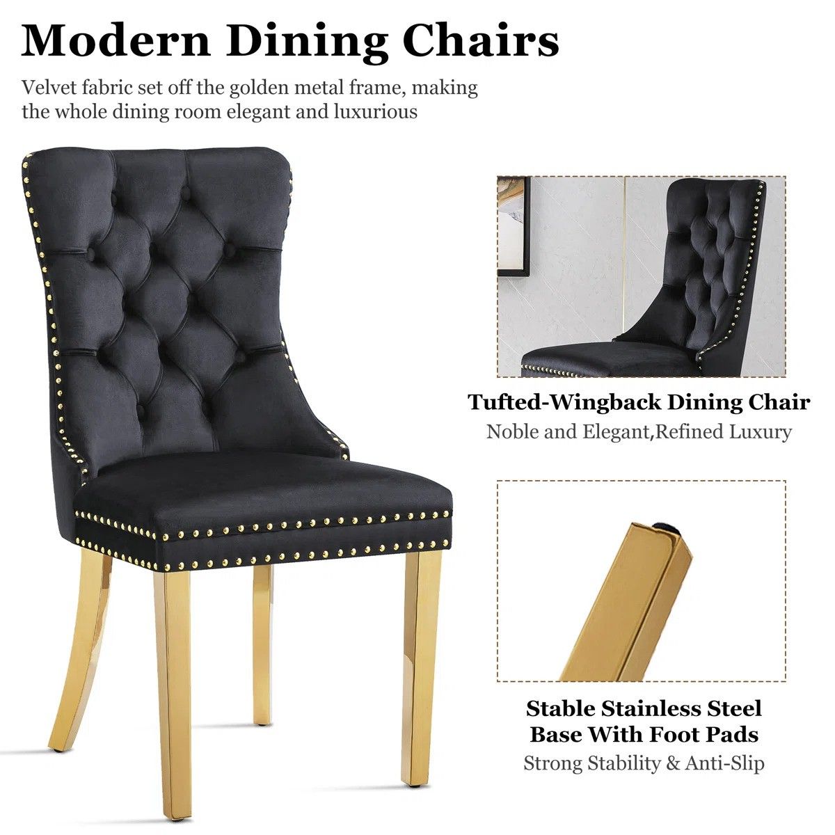 36" Round Glass Dining Set, Modern Velvet Upholstered Chairs with Cross Stainless Steel Base (Black)