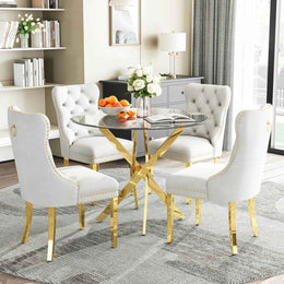 36" Round Glass Dining Set, Modern Velvet Upholstered Chairs with Cross Stainless Steel Base (White)