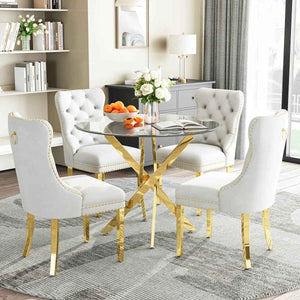 36" Round Glass Dining Set, Modern Velvet Upholstered Chairs with Cross Stainless Steel Base (White)