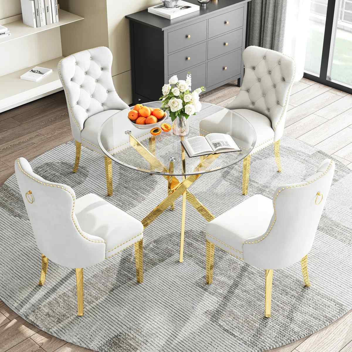 36" Round Glass Dining Set, Modern Velvet Upholstered Chairs with Cross Stainless Steel Base (White)