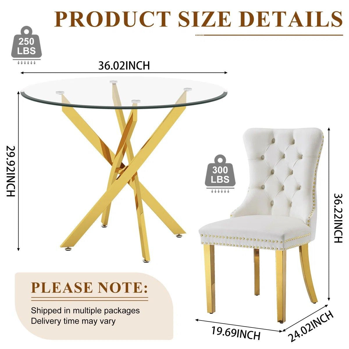 36" Round Glass Dining Set, Modern Velvet Upholstered Chairs with Cross Stainless Steel Base (White)
