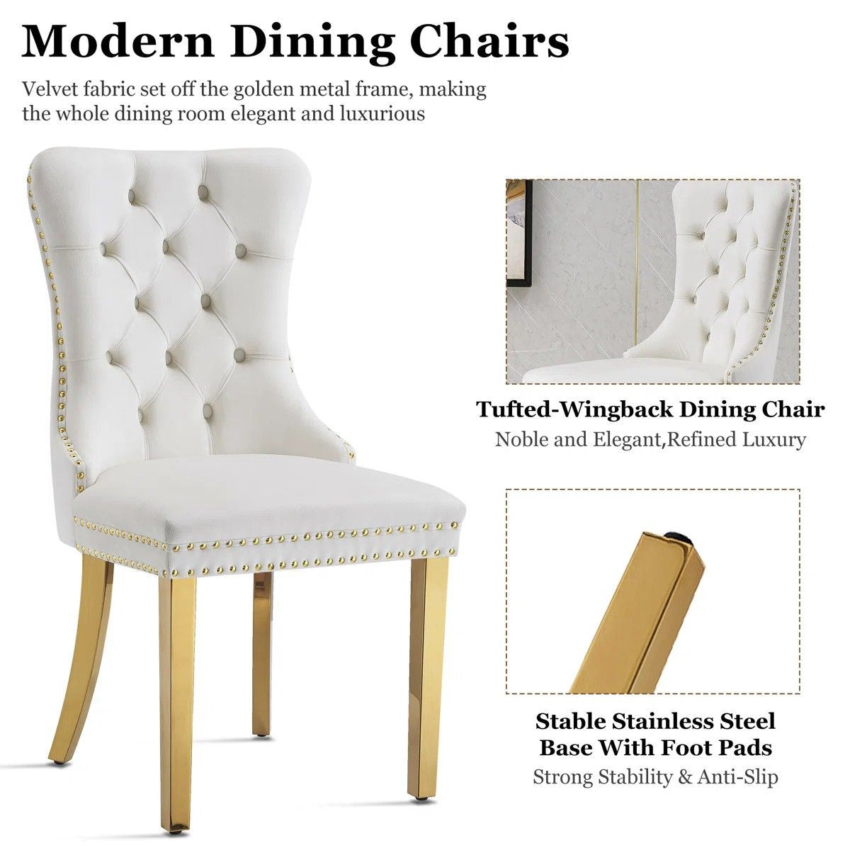 36" Round Glass Dining Set, Modern Velvet Upholstered Chairs with Cross Stainless Steel Base (White)