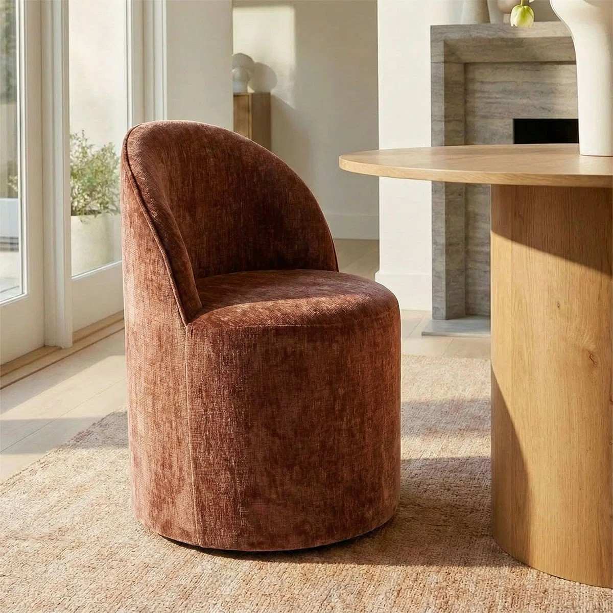 4 - Person Dining Table Sets With (Natural) Round Table & 4 Upholstered Fabric Chairs (Rust)