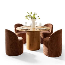 4 - Person Dining Table Sets With (Natural) Round Table & 4 Upholstered Fabric Chairs (Rust)