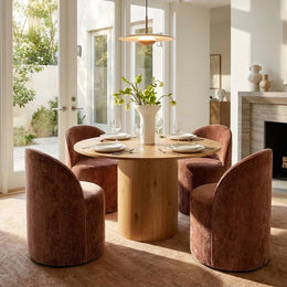4 - Person Dining Table Sets With (Natural) Round Table & 4 Upholstered Fabric Chairs (Rust)