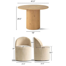 4 - Person Dining Table Sets With (Natural) Round Table & 4 Upholstered Fabric Chairs (Soft Tan)