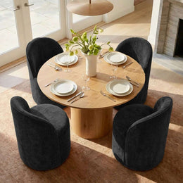 4 - Person Dining Table Sets With (Natural) Round Table & 4 Upholstered Fabric Chairs (Black)