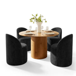 4 - Person Dining Table Sets With (Natural) Round Table & 4 Upholstered Fabric Chairs (Black)