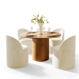 4 - Person Dining Table Sets With (Natural) Round Table & 4 Upholstered Fabric Chairs (Beige)
