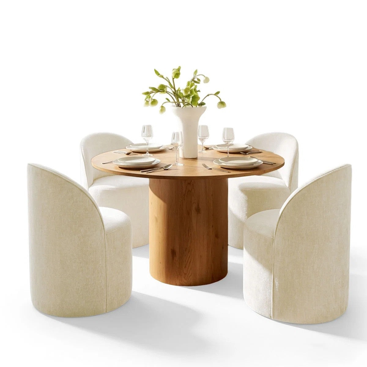4 - Person Dining Table Sets With (Natural) Round Table & 4 Upholstered Fabric Chairs (Beige)