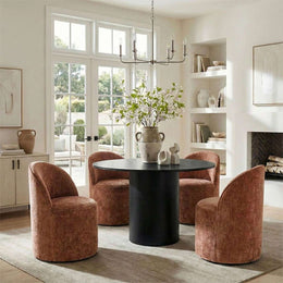 4 - Person Dining Table Sets With (Black) Round Table & 4 Upholstered Fabric Chairs (Rust)