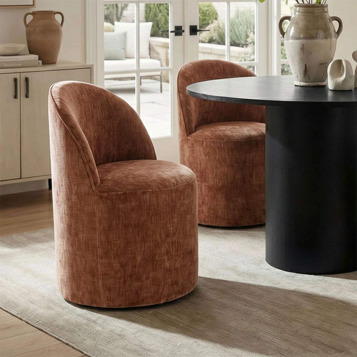 4 - Person Dining Table Sets With (Black) Round Table & 4 Upholstered Fabric Chairs (Rust)