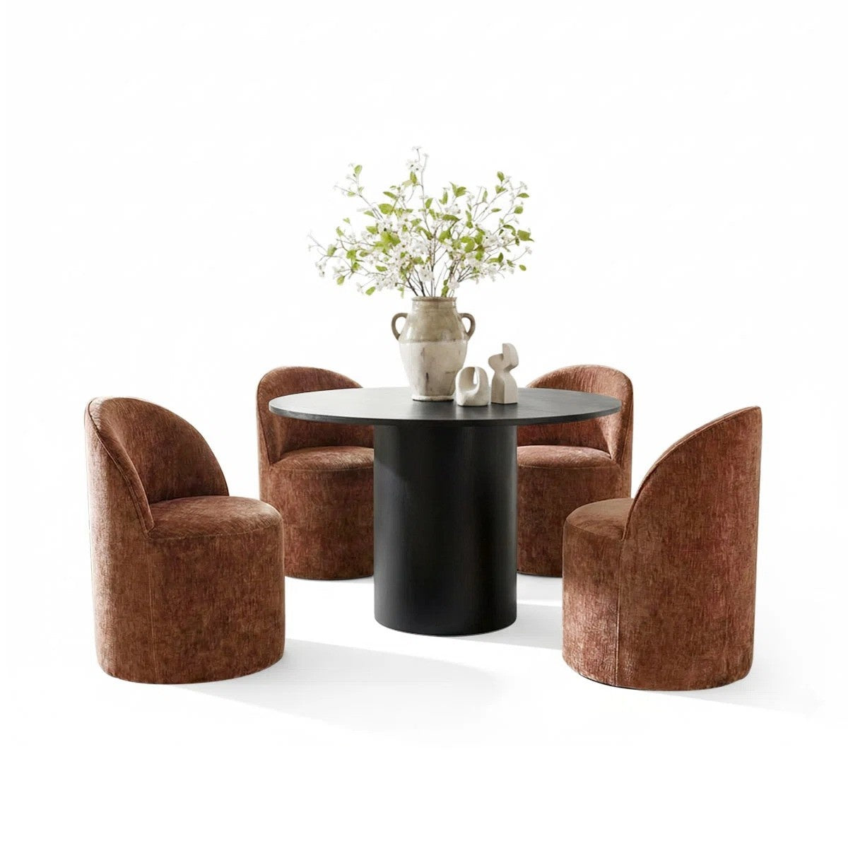 4 - Person Dining Table Sets With (Black) Round Table & 4 Upholstered Fabric Chairs (Rust)