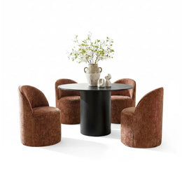 4 - Person Dining Table Sets With (Black) Round Table & 4 Upholstered Fabric Chairs (Rust)