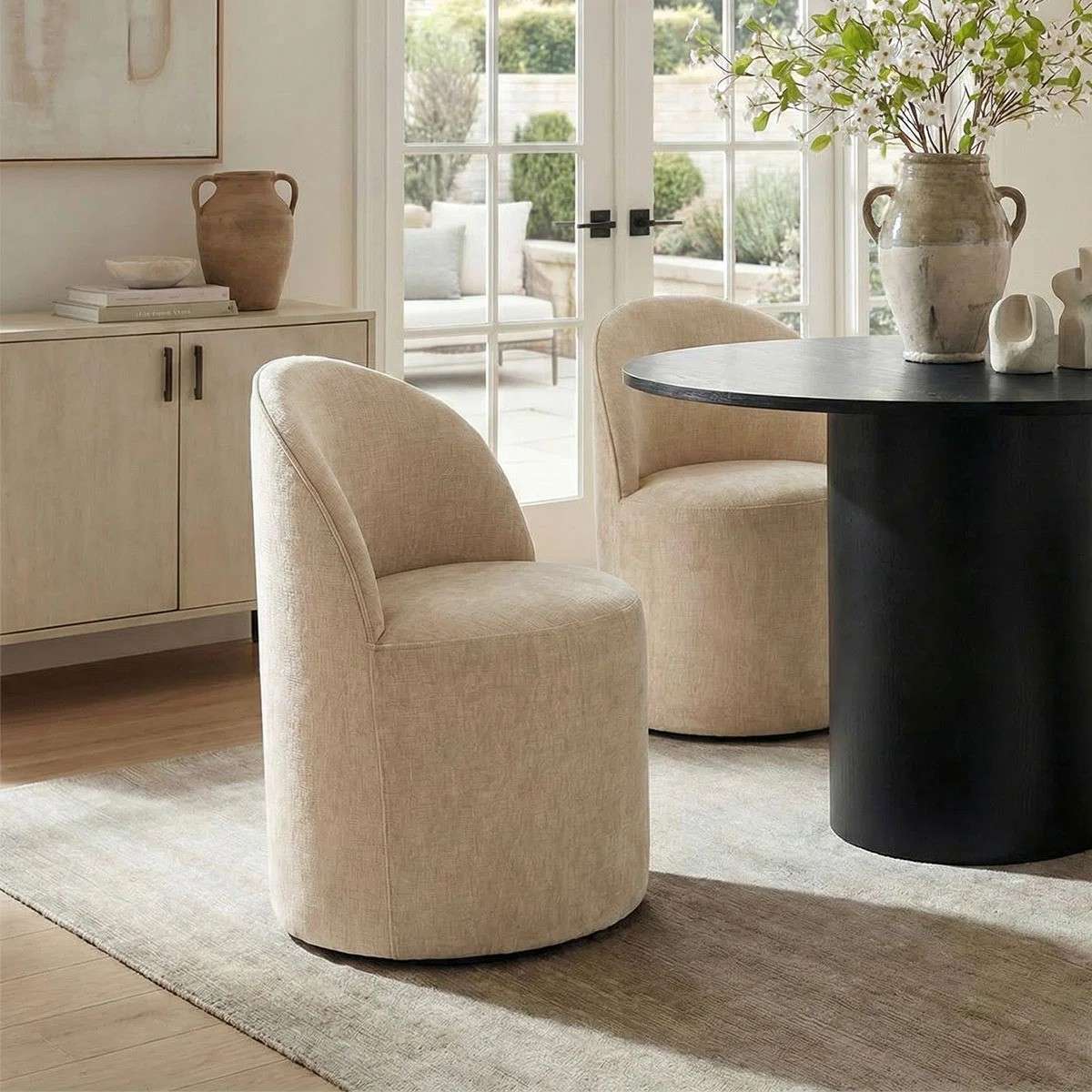 4 - Person Dining Table Sets With (Black) Round Table & 4 Upholstered Fabric Chairs (Soft Tan)