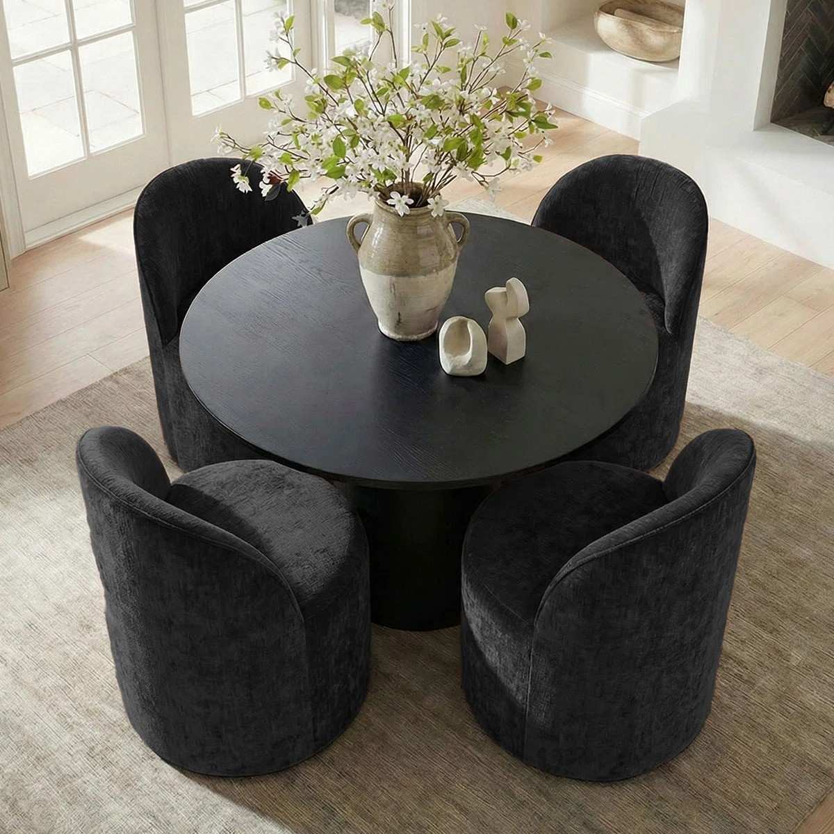 4 - Person Dining Table Sets With (Black) Round Table & 4 Upholstered Fabric Chairs (Black)
