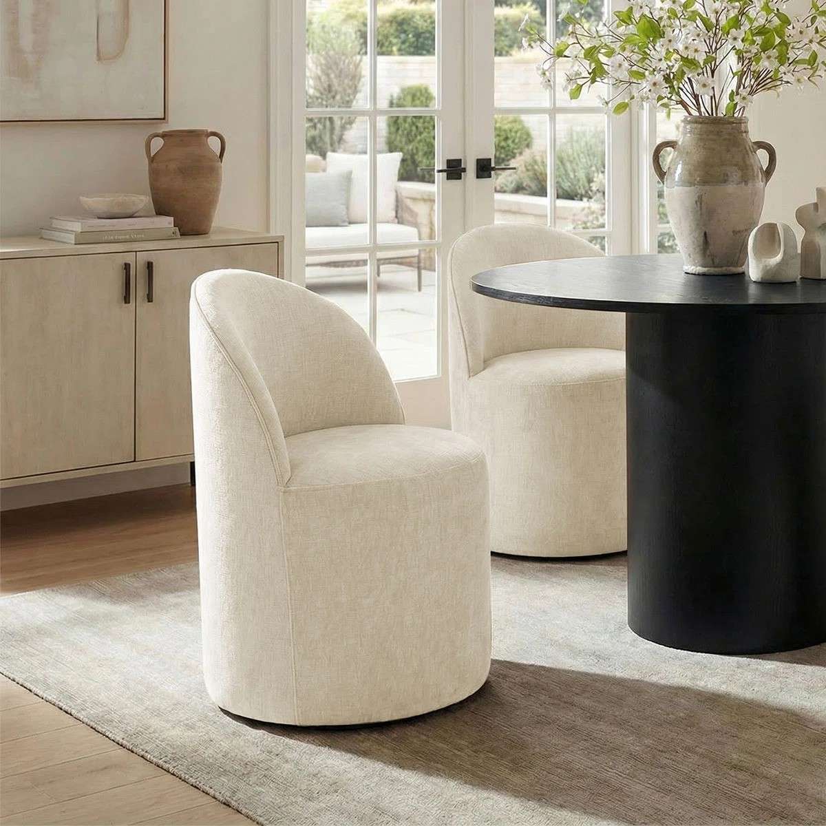 4 - Person Dining Table Sets With (Black) Round Table & 4 Upholstered Fabric Chairs (Beige)
