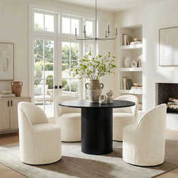 4 - Person Dining Table Sets With (Black) Round Table & 4 Upholstered Fabric Chairs (Beige)