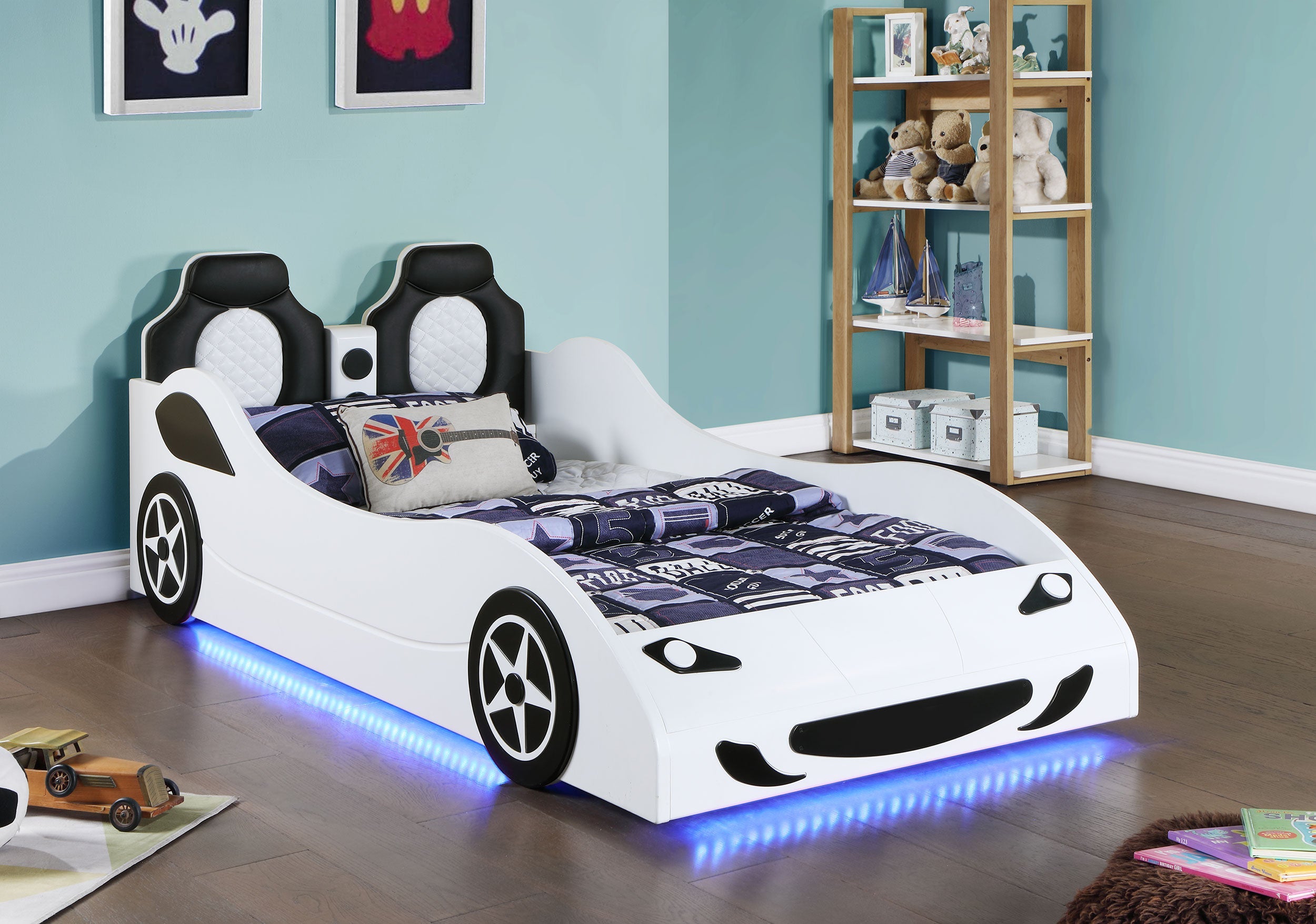 Cruiser Wood LED Race Car Bed and 7-inch Mattress Blue