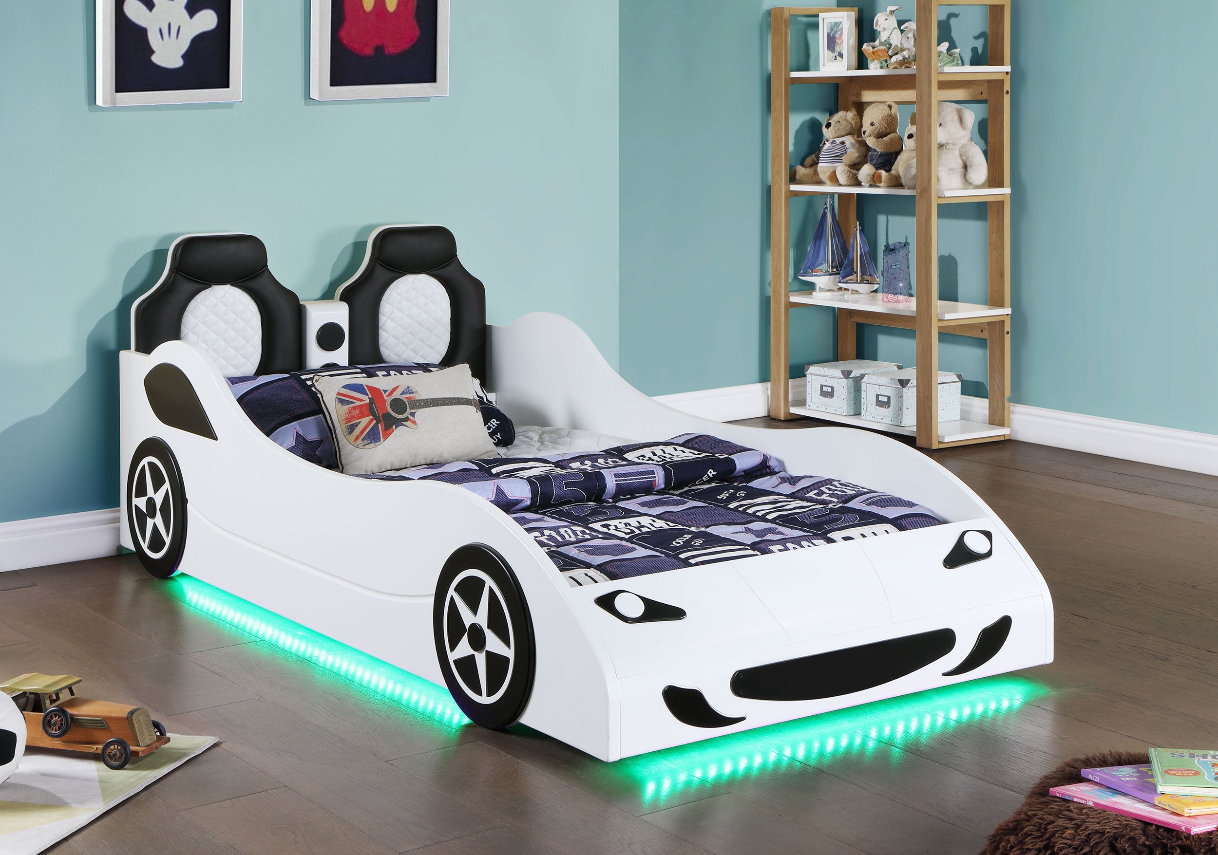 Cruiser Wood LED Race Car Bed and 7-inch Mattress Blue