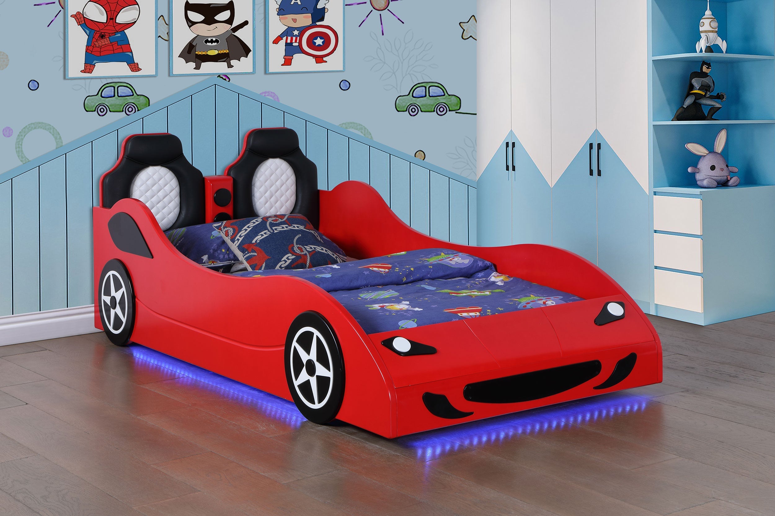 Cruiser Wood LED Race Car Bed and 7-inch Mattress Blue