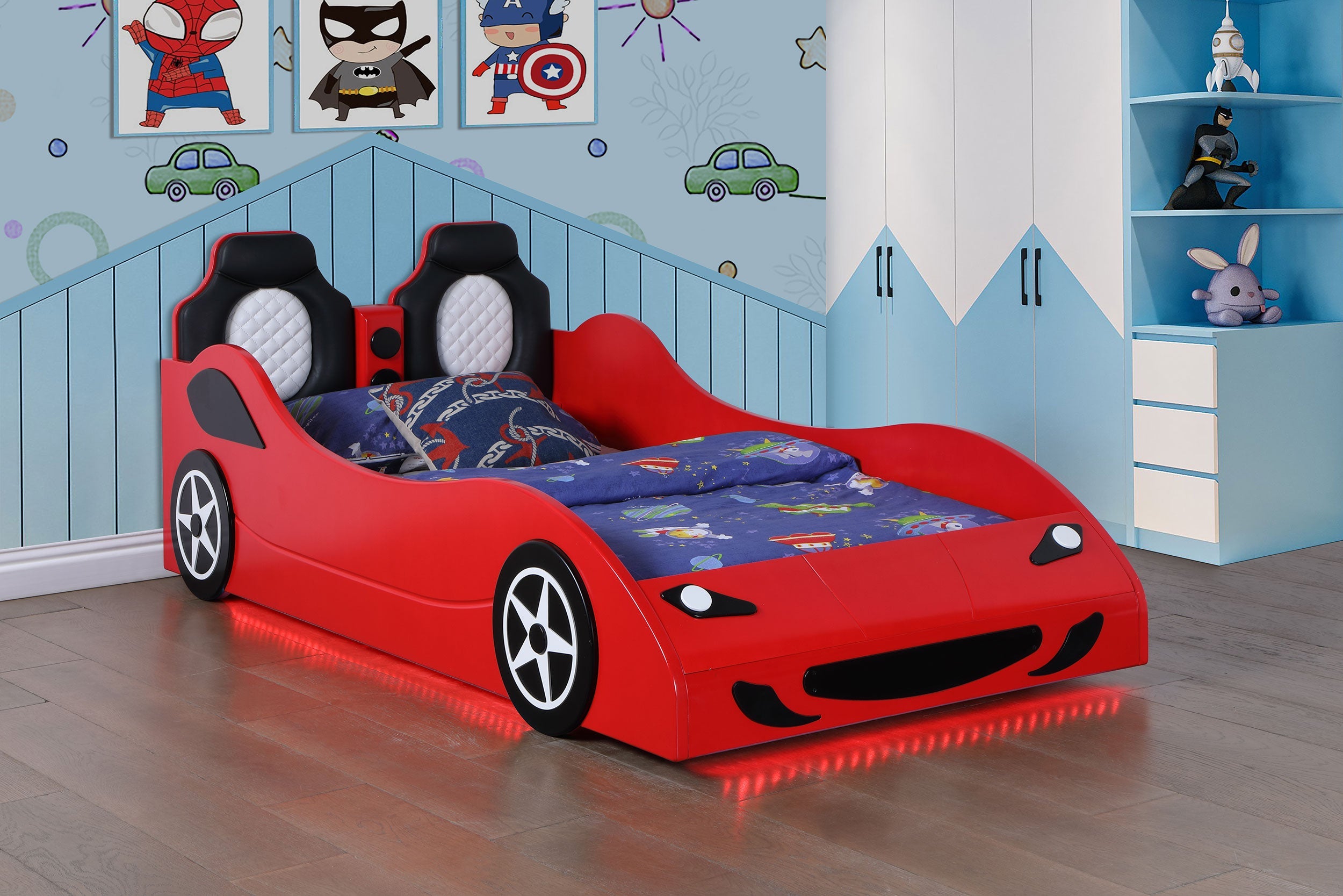 Cruiser Wood LED Race Car Bed and 7-inch Mattress Blue