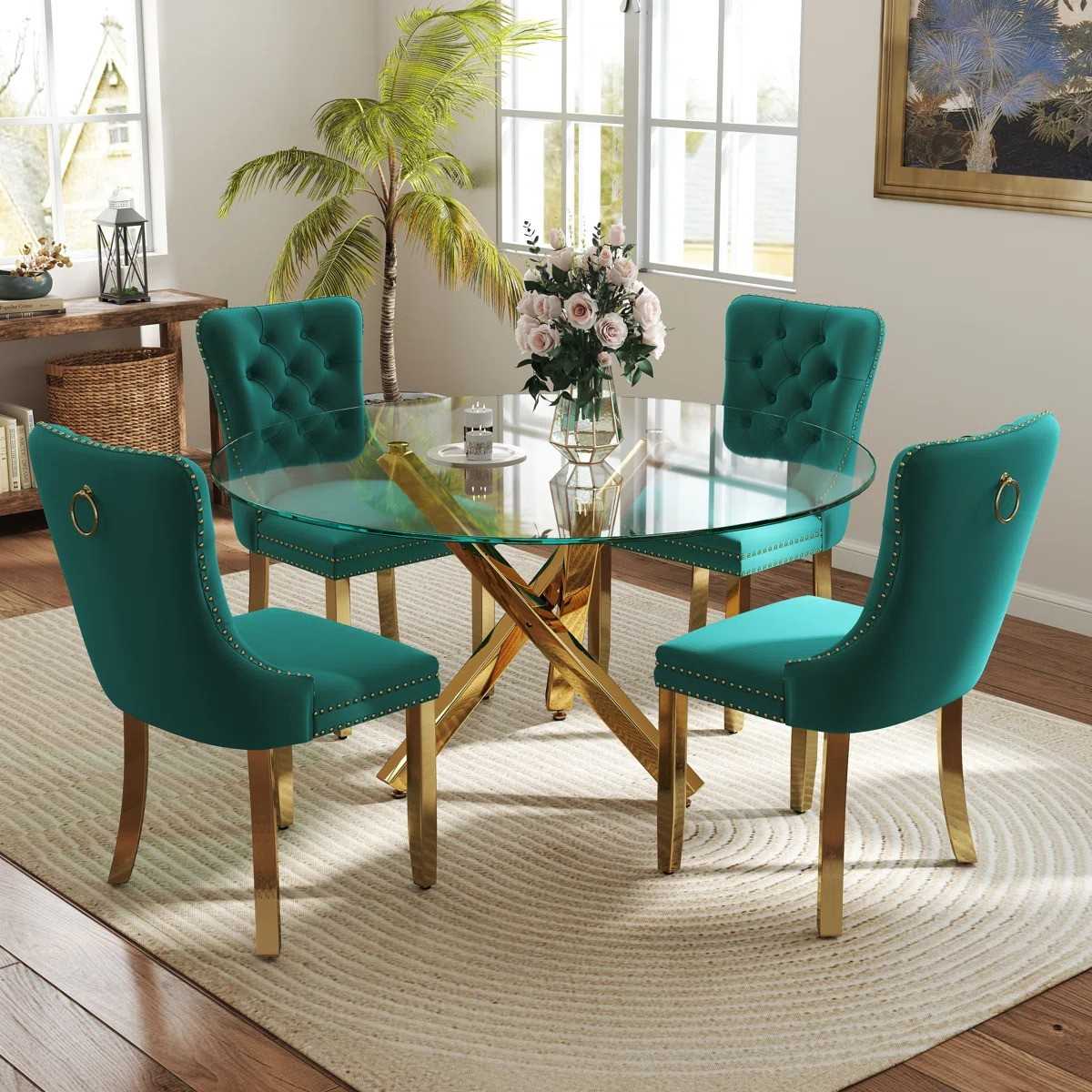 5-Piece Round Glass Dining Table Set (Green/Gold)