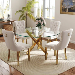 5-Piece Round Glass Dining Table Set (Beige/Gold)