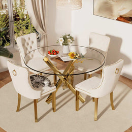5-Piece Round Glass Dining Table Set (Beige/Gold)