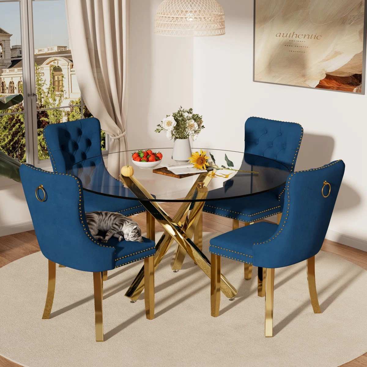 5-Piece Round Glass Dining Table Set (Blue/Gold)