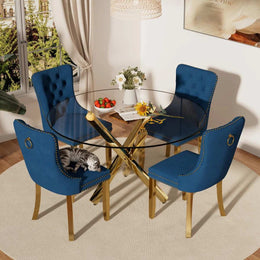 5-Piece Round Glass Dining Table Set (Blue/Gold)