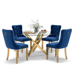 5-Piece Round Glass Dining Table Set (Blue/Gold)