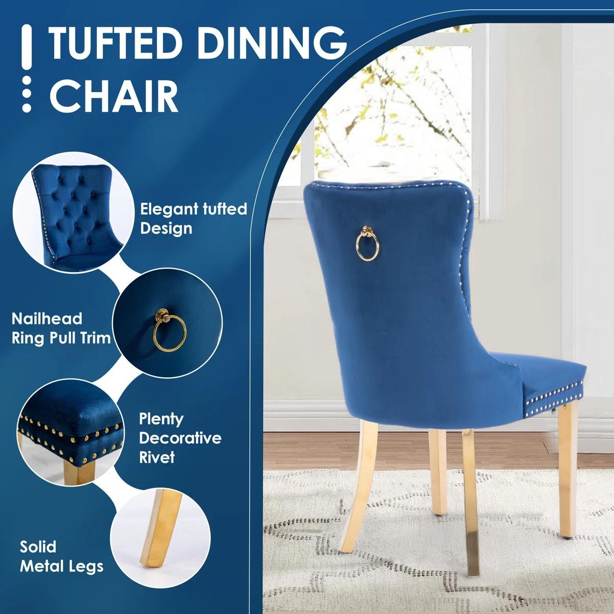 5-Piece Round Glass Dining Table Set (Blue/Gold)
