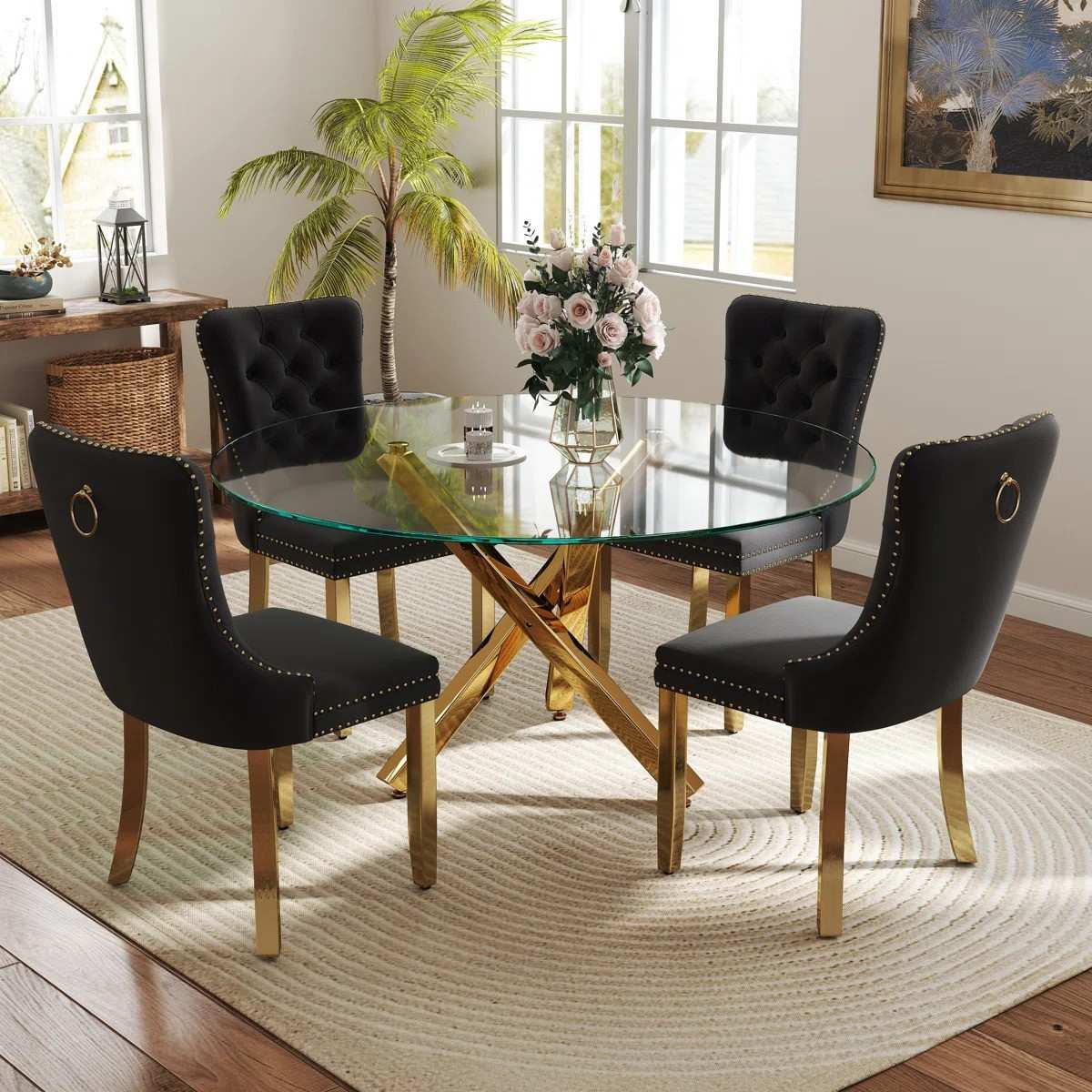 5-Piece Round Glass Dining Table Set (Black/Gold)