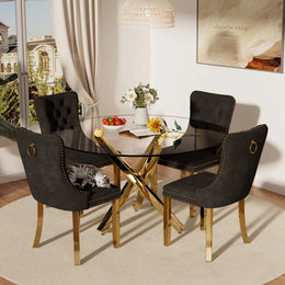 5-Piece Round Glass Dining Table Set (Black/Gold)