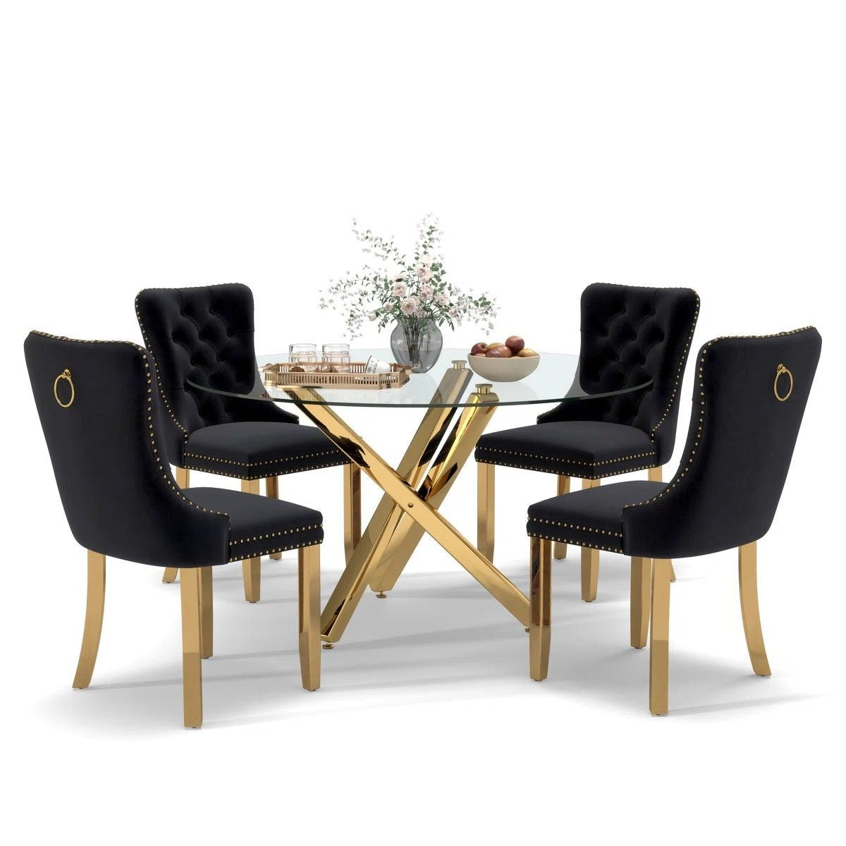 5-Piece Round Glass Dining Table Set (Black/Gold)