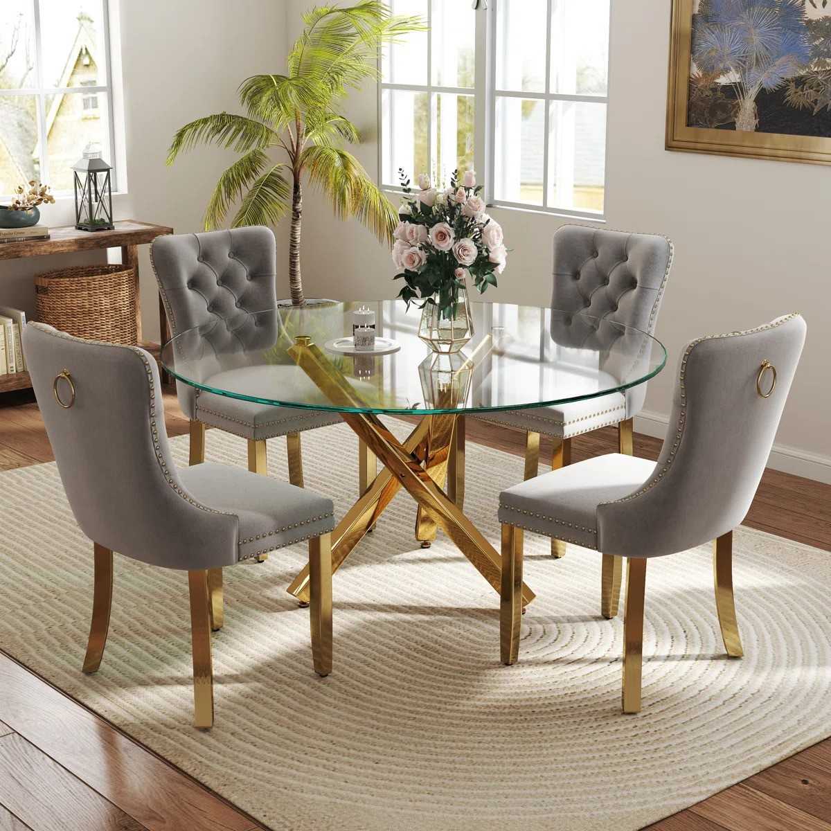 5-Piece Round Glass Dining Table Set (Gray/Gold)